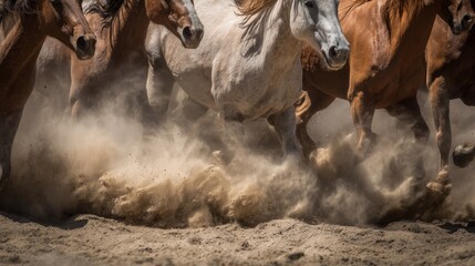 Close up of horses running at full speed in countryside, showing muscular hips, strong legs, moving hooves and swishing tails. Power, freedom and motion in animal movement