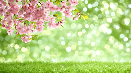 Springtime banner. Golden bokeh with pink cherry blossoms on a vivid blue backdrop