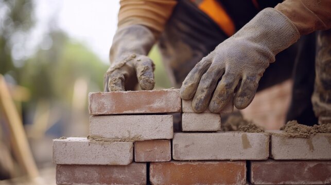 A construction site worker handling bricks for wall construction. Featuring manual labor and construction
