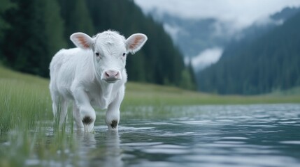 Obraz premium Cute calf in alpine lake