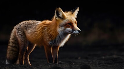 Obraz premium Red fox stands alert against a dark, textured background, highlighting its vibrant fur and focused gaze.