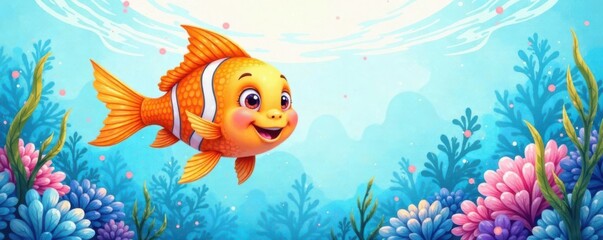 Watercolor illustration of a happy fish swimming in the ocean, sea creatures, ocean