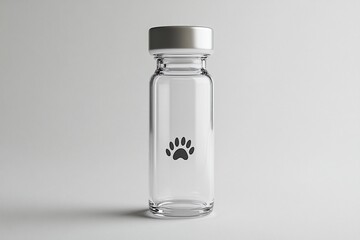A clear glass vial with a white cap features a subtle paw print, suggesting pet medication or care.