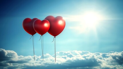 Three Red Heart-Shaped Balloons Floating in a Bright Blue Sky Above Fluffy Clouds