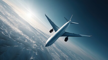 White commercial jet ascending in clear blue sky with lens flare