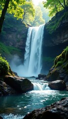 Naklejka premium Waterfall with layered foliage, green, gradient