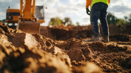 A construction site worker inspecting the excavation depth for foundation work. Featuring excavation and site inspection