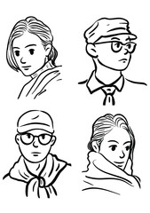 Diverse Portrait Collection: A compilation of four distinct illustrations of diverse individuals with various accessories and expressions.