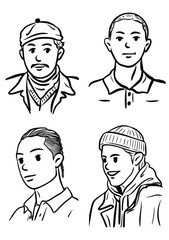 Diverse Sketches: A collection of illustrated headshots, each portraying a unique individual with distinct characteristics and attire. A study in character, conveying individuality.