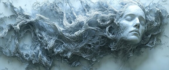 Serene face engulfed in intricate swirls of texture, evoking tranquility and ethereal beauty