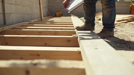 A construction site worker inspecting the structure of a building for stability. Featuring expertise and attention to detail