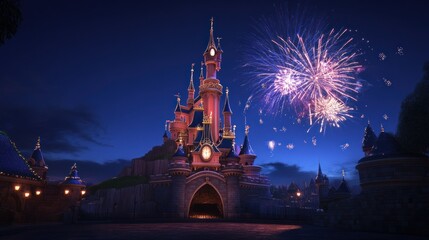 A nighttime display of fireworks and a grand castle structure