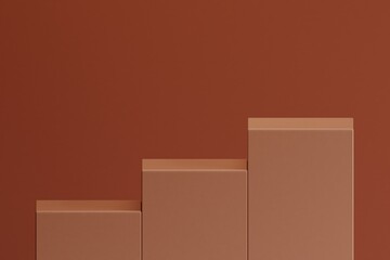 A set of three empty brown podiums, perfect for showcasing products, against a plain brown background. The podiums are arranged in a step-like manner.