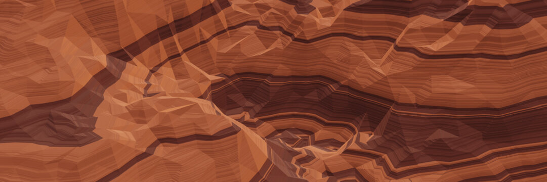 3D low polygon brown stone mountain. Top view of sedimentary rock terrain.