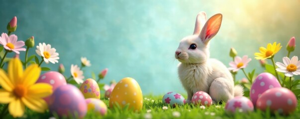 Whimsical Easter bunny with eggs amidst colorful blooms, bunny, nature