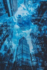 Futuristic city skyline with digital overlay