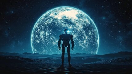 A lone robot stands sentinel on a distant planet under a glowing alien moon.