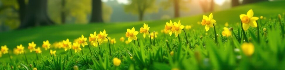 Obraz premium Vibrant yellow daffodils line a lush green grassy slope with delicate petals, landscape, yellow