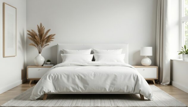 white king size bed with white pillows in a modern scandinavian bedroom, scandinavian, bedroom, home decor