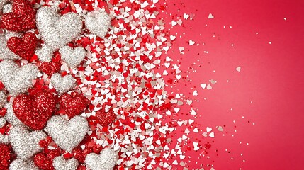 Glittering Hearts and Confetti on Vibrant Red Background for Romantic Celebrations and Events