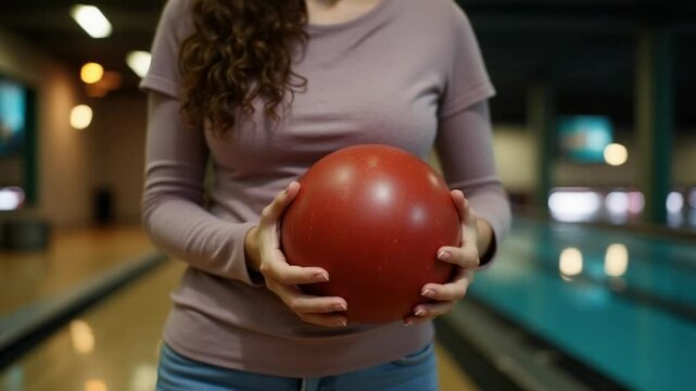 Female Bowling Player Holding Ball &ndash; Focus and Competitive Sports Concept

