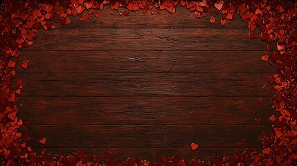 Romantic Heart Shapes Border on Rustic Wooden Background for Love Celebrations and Events