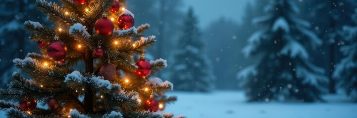 Winter festive tree decorated with ornaments and lights against a snowy background ,  tree,  christmas