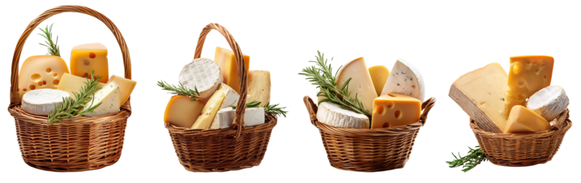 Assorted cheese selection displayed in rustic baskets with herbs.