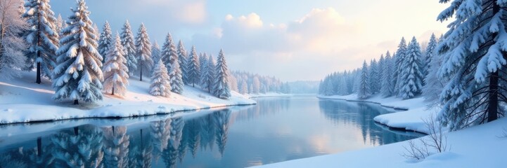 Winter landscape with frozen lake and snow-covered trees, ice, frozen water
