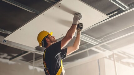 A construction site worker installing drywall panels on a ceiling. Featuring focus and efficiency