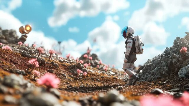 An Astronaut is Engaging in Exploration of a Colorful and Unique Alien Landscape Filled with Vibrant Flora