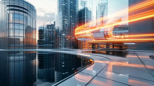 Futuristic cityscape with sleek buildings and a high-speed transport system gliding through the skyline