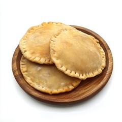 Crispy Indian samosas served in a wooden bowl isolated on white background

