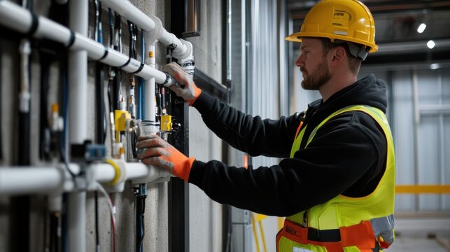 A construction site worker installing electrical conduits in a wall. Featuring precision and technical skill