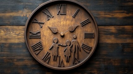 Fototapeta premium Wooden clock with family design on dark wood. Time ticks