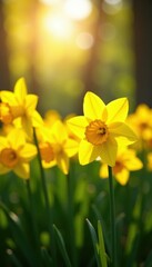 Fototapeta premium Warm sunlight filters through the field of vibrant yellow daffodil flowers, highlighting their intricate petal details , bloom, field