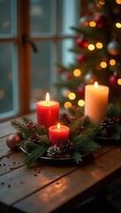 Wooden table with Christmas decorations and candles, warm ambiance, ornaments