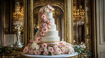 Obraz premium A Beautiful Five Tier Wedding Cake Decorated with Floral Embellishments