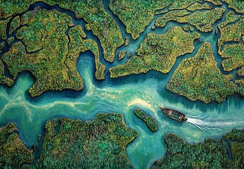 Serene Aerial View of Lush Green Landscape with Winding Waterway and Small Boat in Nature