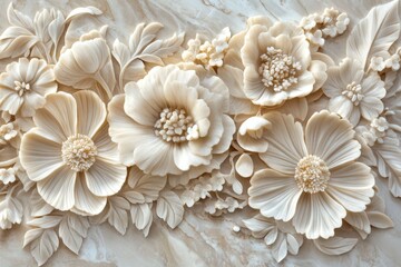 Ornate floral bas-relief design on marble-look surface