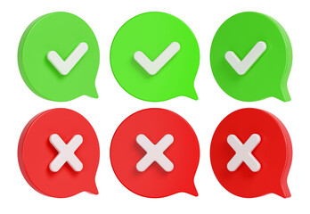 Obraz premium Approve and decline speech bubble signs set. Red and green dialog clouds. 3D rendering.