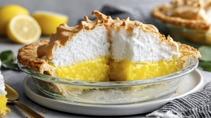 Light and airy lemon meringue pie, tangy lemon curd filling, toasted meringue topping - vintage brown yellow background