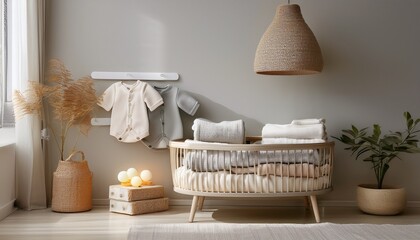 A sunlit children’s room with a light gray wall, a rattan table, and a ceramic lamp with a f 