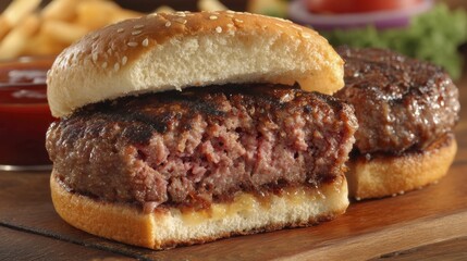 Close-up of a perfectly grilled hamburger patty, showcasing its browned crust and pink interior - summer fast seared gastronomy home