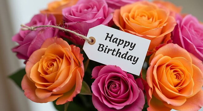 Floral delight: Birthday wishes conveyed through vibrant roses and a heartfelt tag