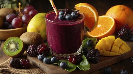 Glass of a?ai smoothie, demonstrating its consistency and color - view shot shadows smoothie