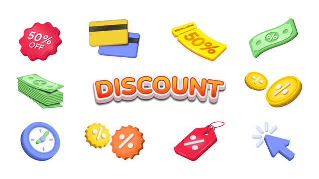 3d discount text effect and graphic element. Voucher, credit card, clock, cursor, tag, coin, starburst and money 3d vector illustration.