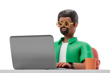 A man  sits at a desk working on a laptop, accompanied by a stack of books, a green mug, and a potted plant, symbolizing a productive and organized work environment. 3D rendering, conceptual image. Is