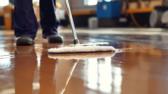 A person mops a polished industrial floor, highlighting cleanliness, maintenance, and attention to detail with reflections of tools and equipment.

