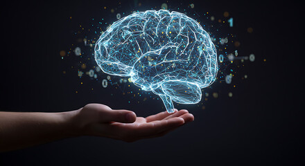 A glowing digital brain composed of neural network lines and data nodes, floating above a person’s hand, symbolizing artificial intelligence. Futuristic light effects on dark background.